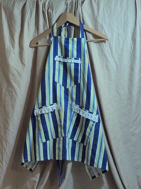 Hand Made Striped Blue and Yellow Apron with Lace Trim